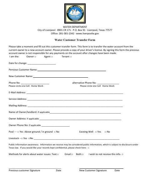 First page of the Water Customer Transfer Form