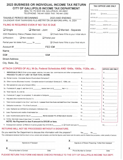 First page of the 2023 Business or Individual Income Tax Return