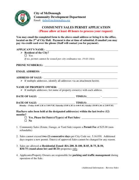First page of the Community Sales Permit Application