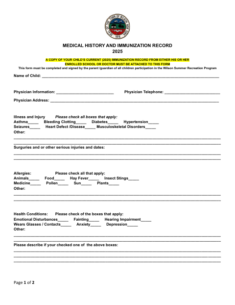 First page of the Medical History and Immunization Record 2025