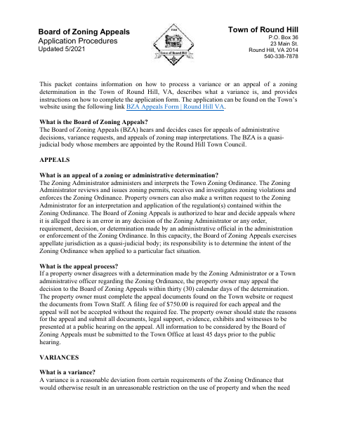 First page of the Board of Zoning Appeals Appeal Form