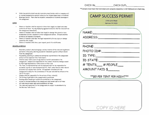 First page of the Camp Success Permit