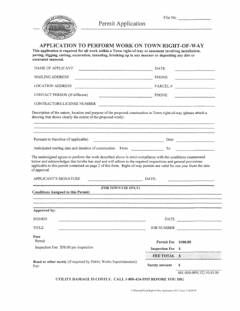 First page of the Right of Way Application