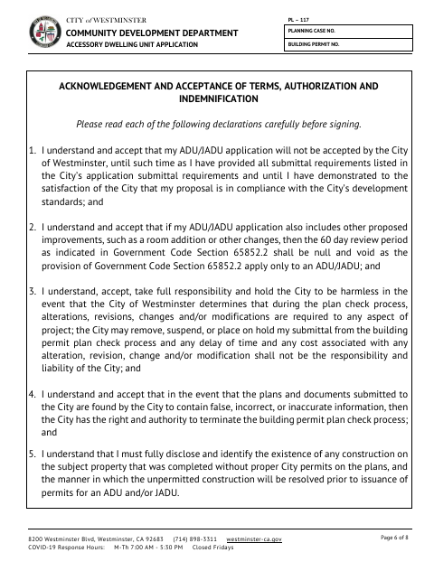 First page of the ADU/JADU Acknowledgement and Acceptance of Terms, Authorization and Indemnification