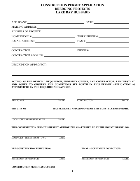 First page of the Construction Permit Application for Lake Ray Hubbard Dredging Projects