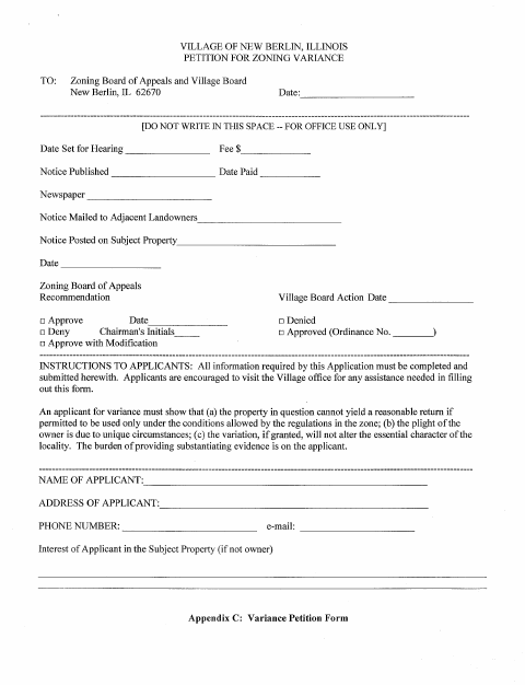 First page of the Petition for Zoning Variance
