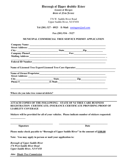 First page of the Municipal Commercial Tree Service Permit Application