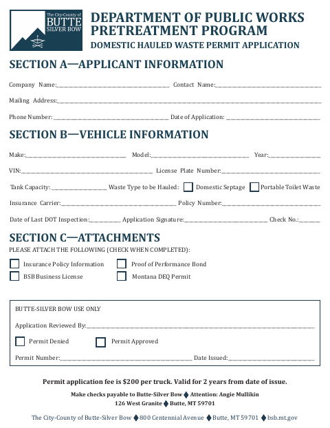 First page of the Domestic Hauled Waste Permit Application