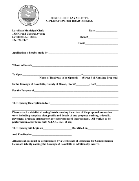 First page of the Application for Road Opening
