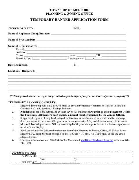 First page of the Temporary Banner Application Form