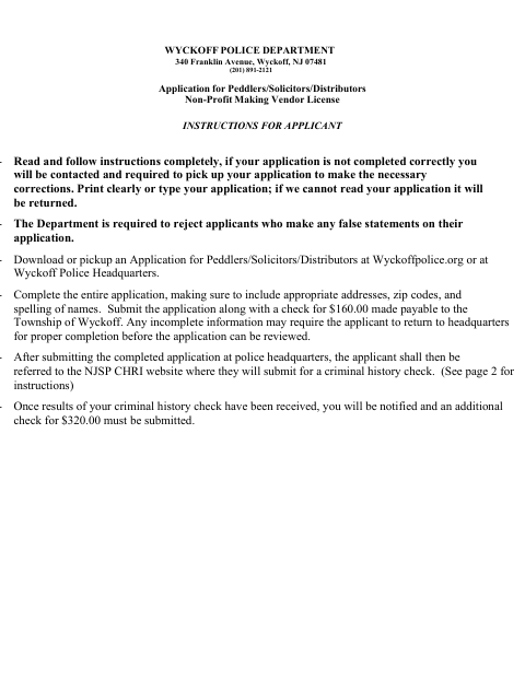 First page of the Peddler, Solicitor, Distributor, or Non-Profit Vendor License Application