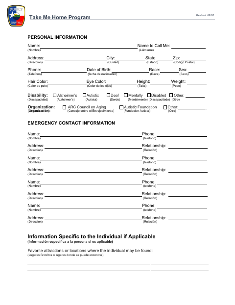 First page of the Take Me Home Program Registration