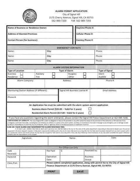 First page of the Alarm Permit Application