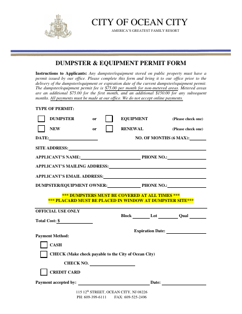 First page of the Dumpster & Equipment Permit Form