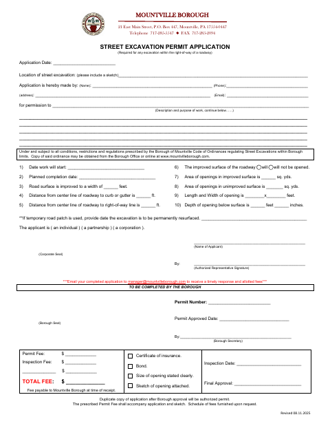 First page of the Street Excavation Permit Application