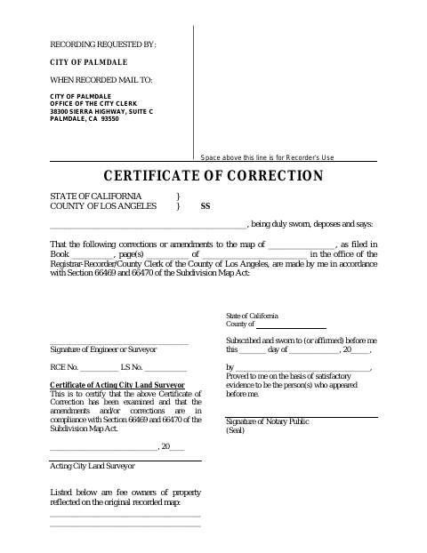 First page of the Certificate of Correction (Subdivision Map)