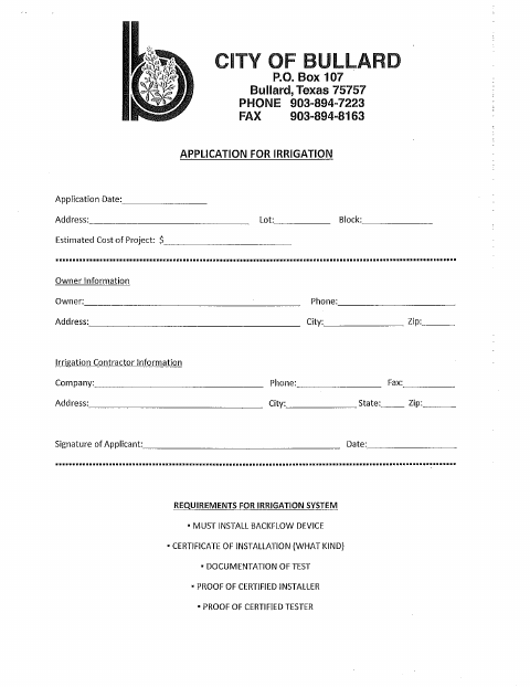 First page of the Irrigation Application