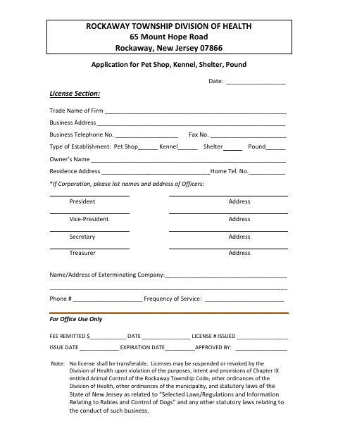 First page of the Application for Pet Shop, Kennel, Shelter, Pound