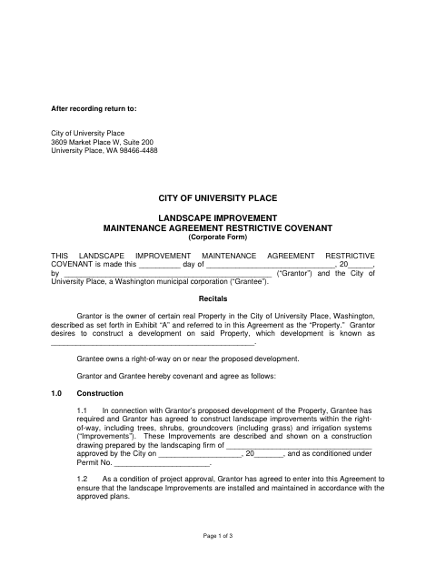First page of the Landscape Improvement Maintenance Agreement Restrictive Covenant (Corporate Form)