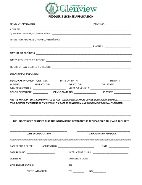 First page of the Peddler’s License Application