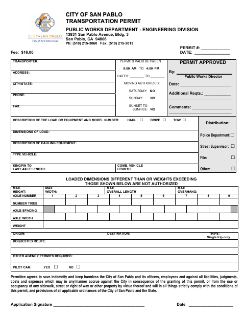 First page of the Transportation Permit