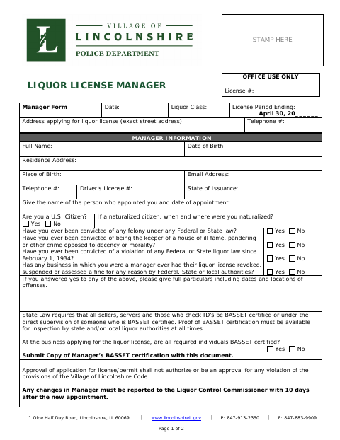 First page of the Liquor License Manager Affidavit