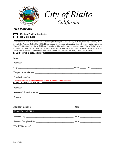 First page of the Zoning Verification Letter/Rebuild Letter Request