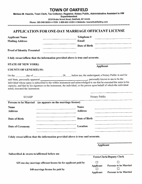 First page of the Application for One-Day Marriage Officiant License