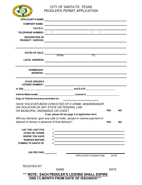 First page of the Peddler's Permit Application