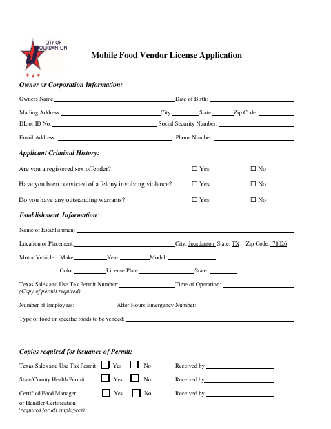 First page of the Mobile Food Vendor License Application