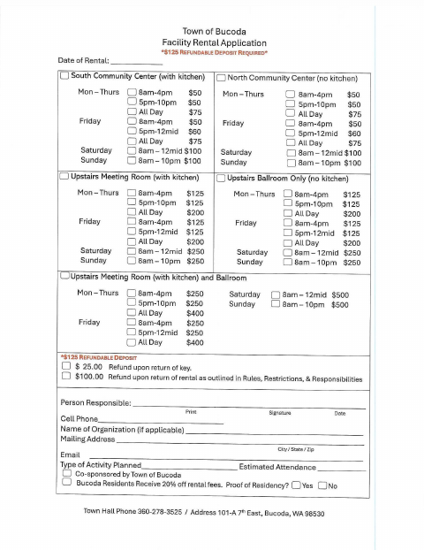 First page of the Facility Rental Application