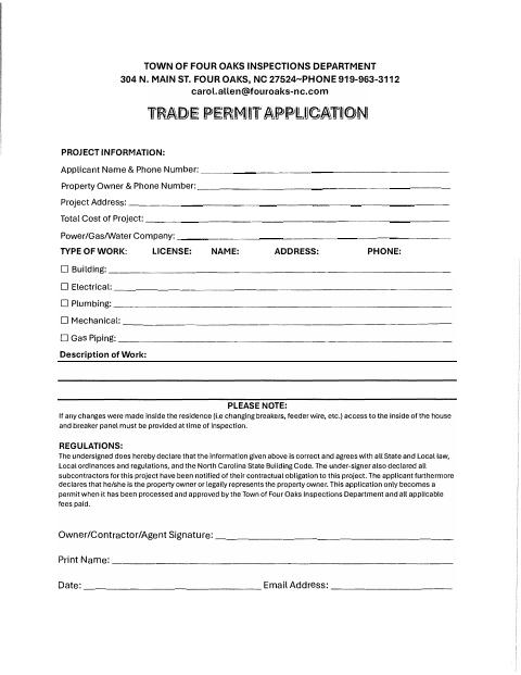 First page of the Residential Trade Permit Application