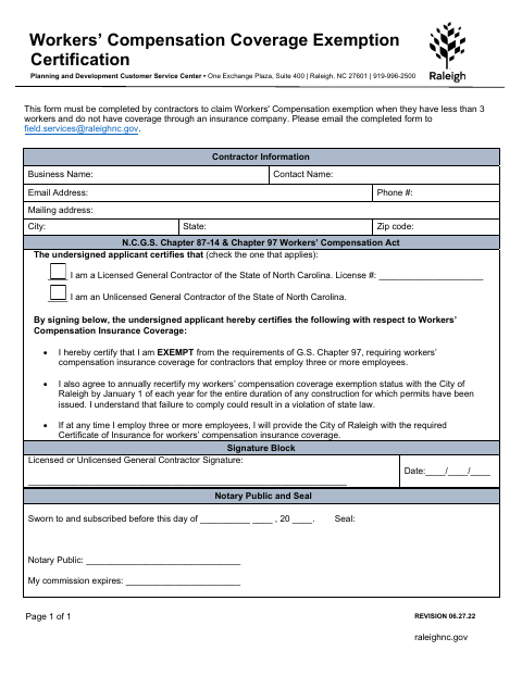 First page of the Workers’ Compensation Exemption Certification