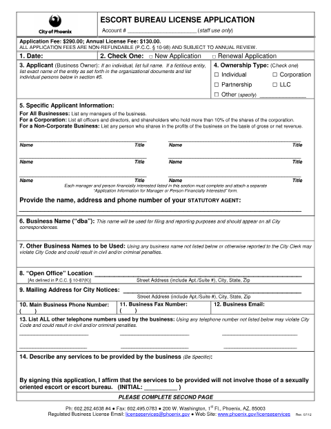 First page of the Escort Bureau License Application