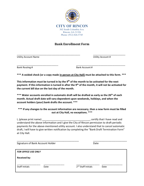First page of the Bank Enrollment Form