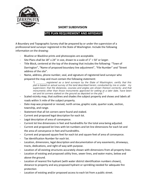 First page of the Short Subdivision Site Plan Requirement And Affidavit