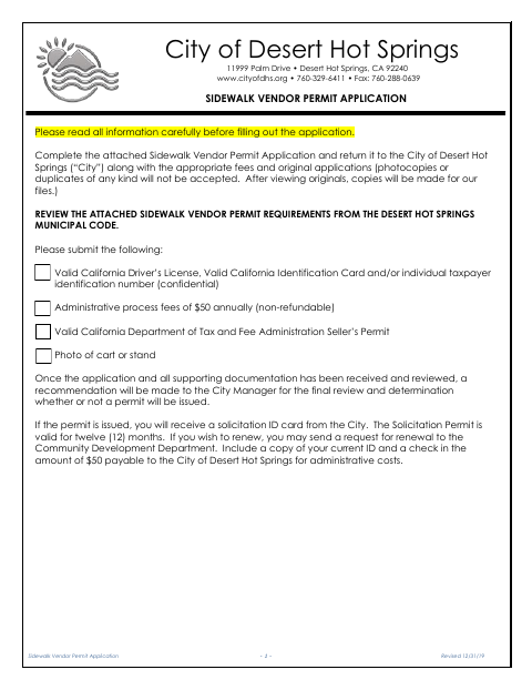 First page of the Sidewalk Vendor Permit Application