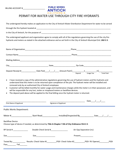 First page of the Permit for Water Use Through City Fire Hydrants