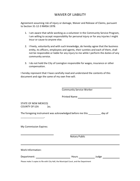 First page of the Community Service Waiver of Liability