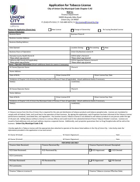 First page of the Application for Tobacco License