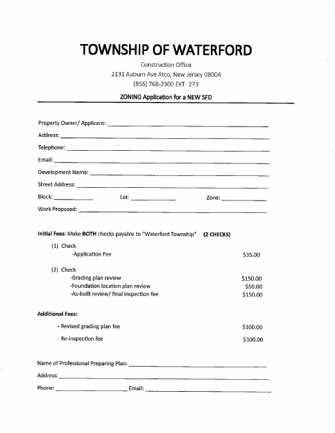 First page of the Zoning Permit Application for a New Single-Family Dwelling