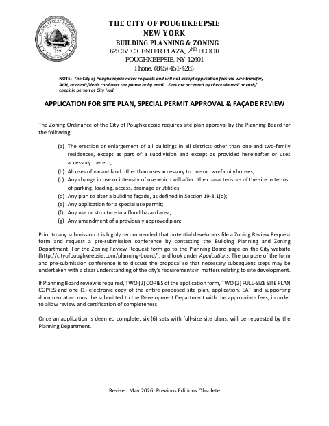First page of the Application for Site Plan, Special Permit Approval & Façade Review