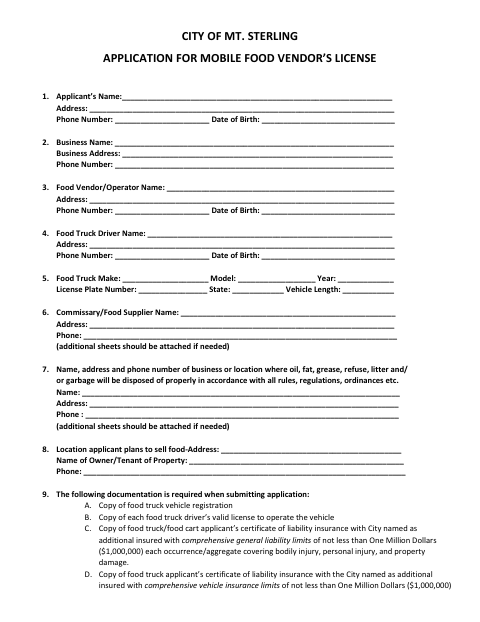First page of the Mobile Food Vendor Application