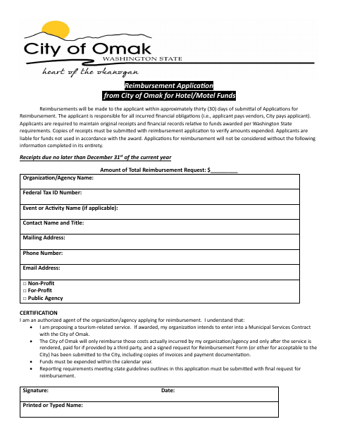 First page of the Hotel/Motel Funds Reimbursement Application