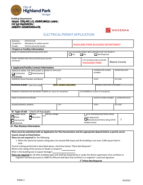 First page of the Electrical Permit Application