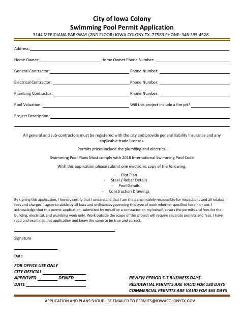 First page of the Swimming Pool Permit Application