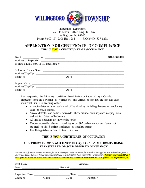 First page of the Application for Certificate of Compliance