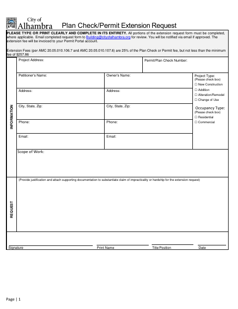 First page of the Plan Check/Permit Extension Request