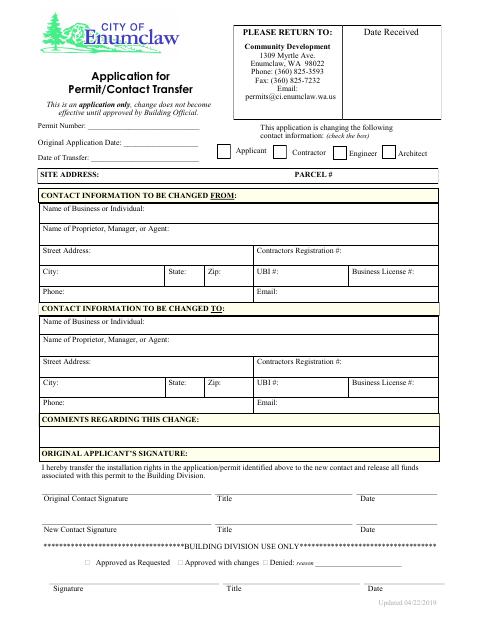 First page of the Engineer Contractor Application for Permit/Contact Transfer