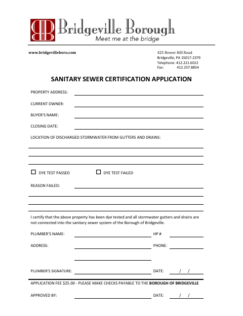 First page of the Sanitary Sewer Certification Application (Dye Test)